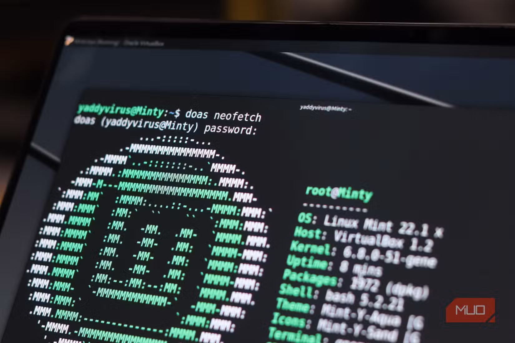 doas neofetch command running on Linux Mint terminal.