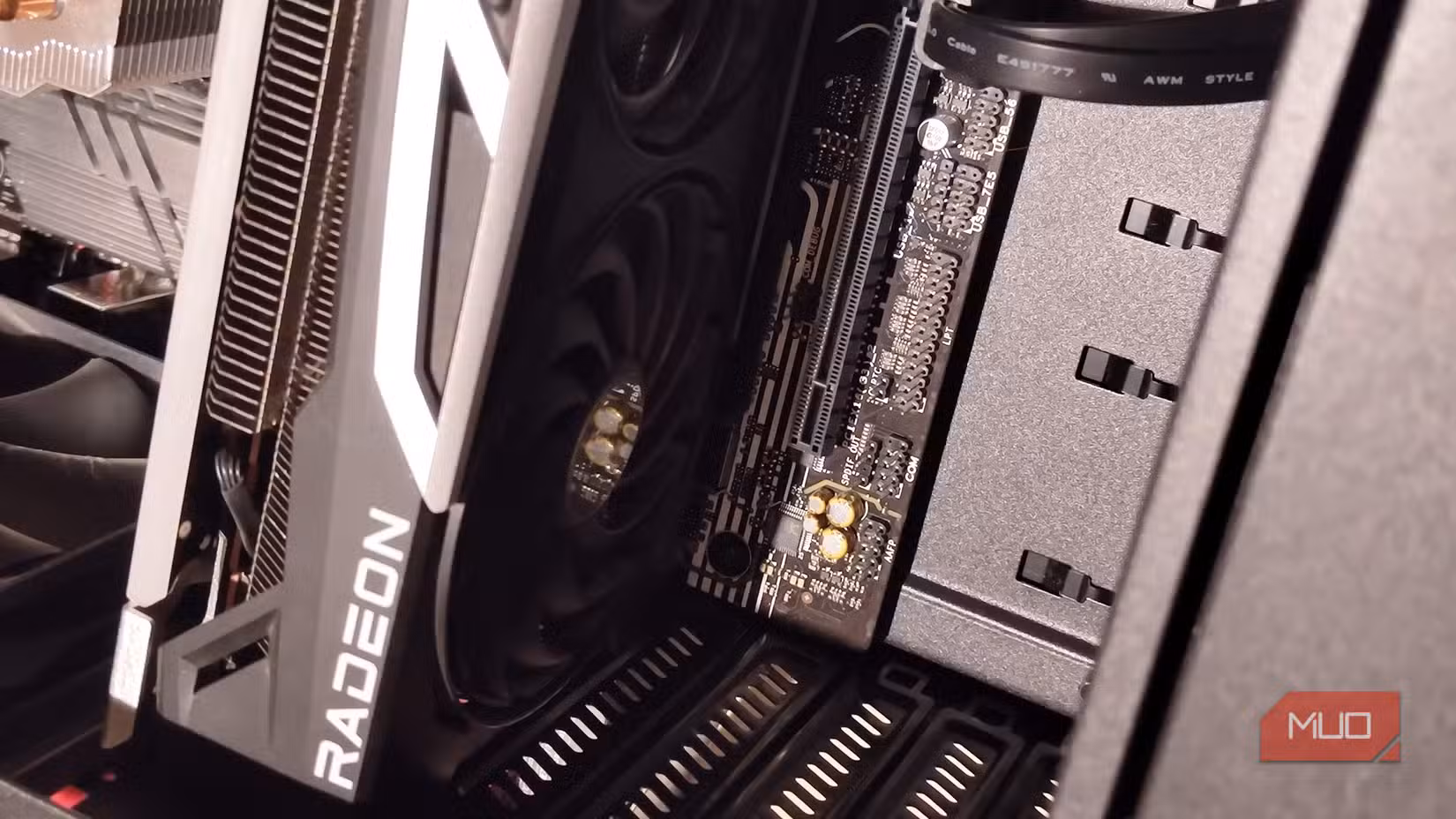 A Radeon GPU attached to a motherboard