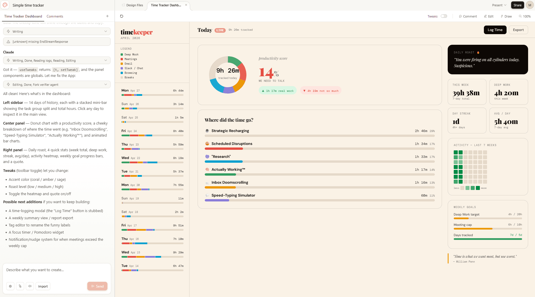 Using Claude Design to create a time tracking app