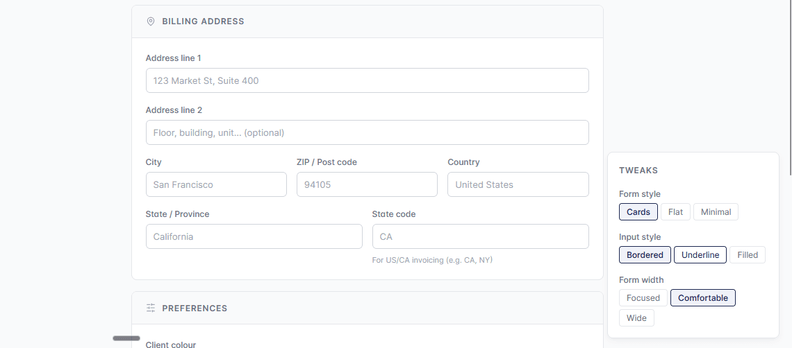 A view of Tweaks from a form page