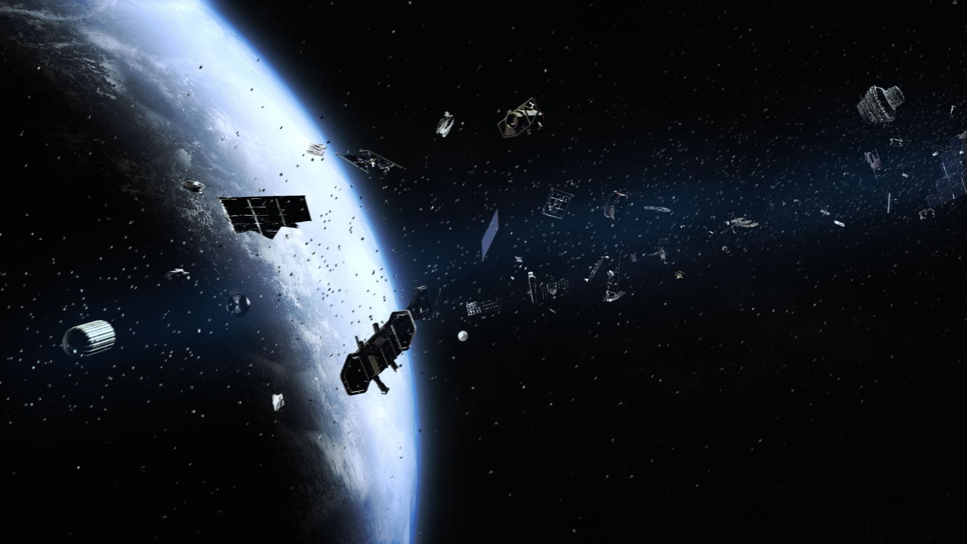 An illustration of Earth with lots of random satellite parts in its orbit.