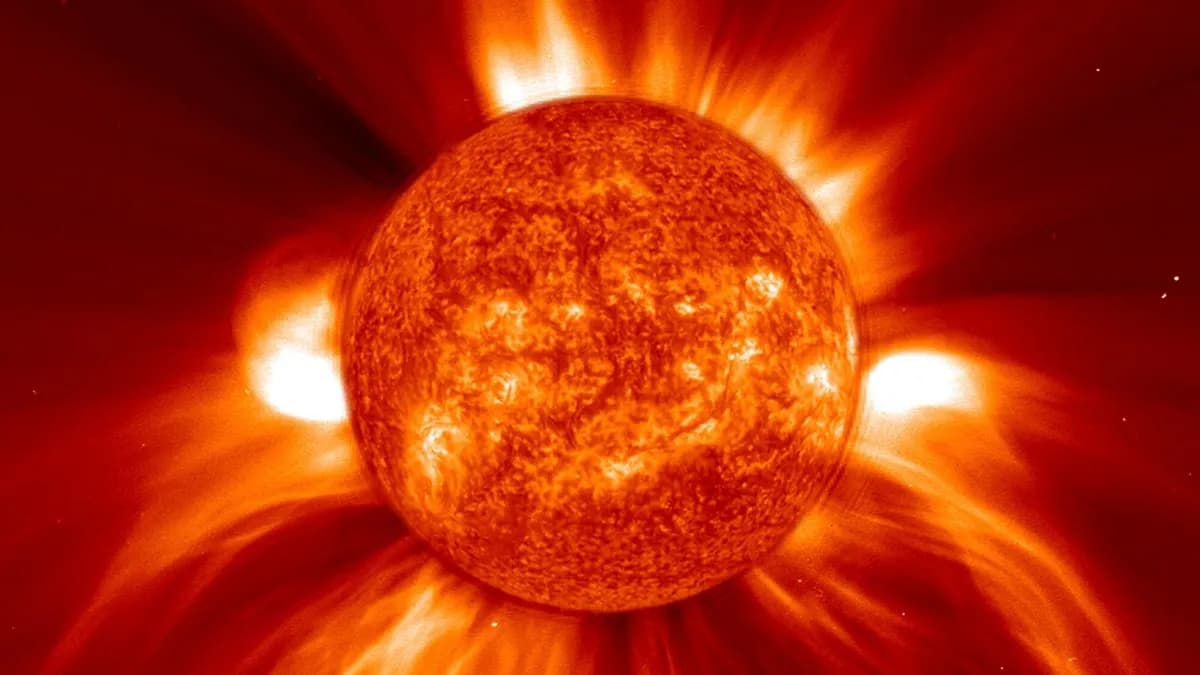A coronal mass ejection, captured by the ESA-NASA Solar and Heliospheric Observatory spacecraft.