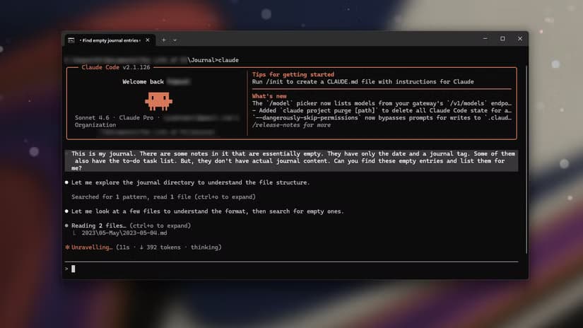 Claude Code terminal scanning journal directory and identifying empty files