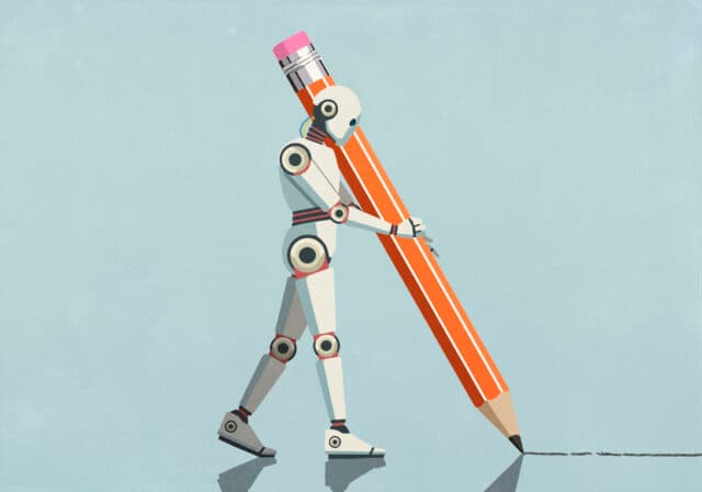 A humanoid robot is holding an oversized pencil as large as itself and drawing a line on the ground.