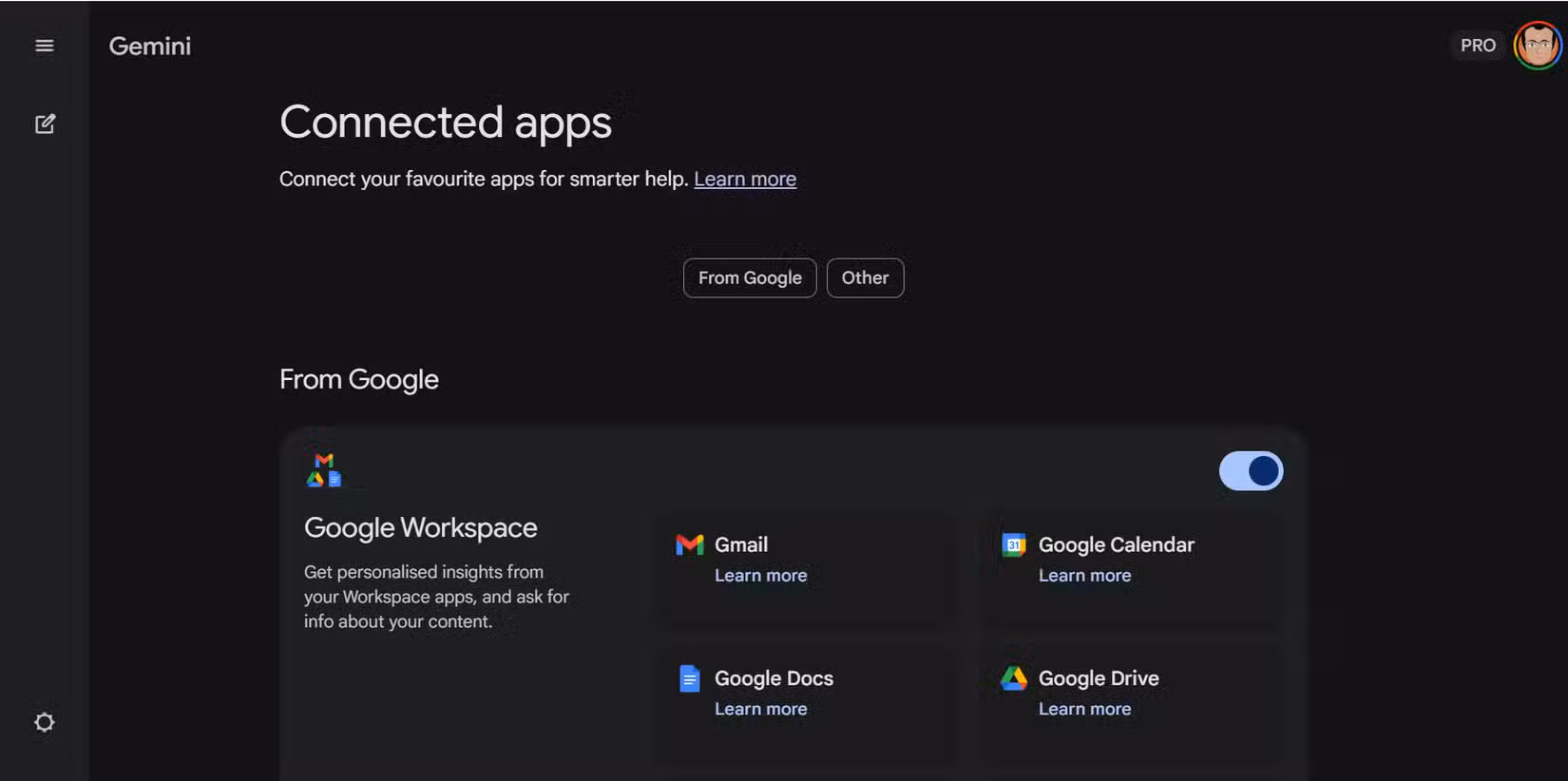 Gemini settings menu open in the web app showing the Connected Apps toggle switched on.