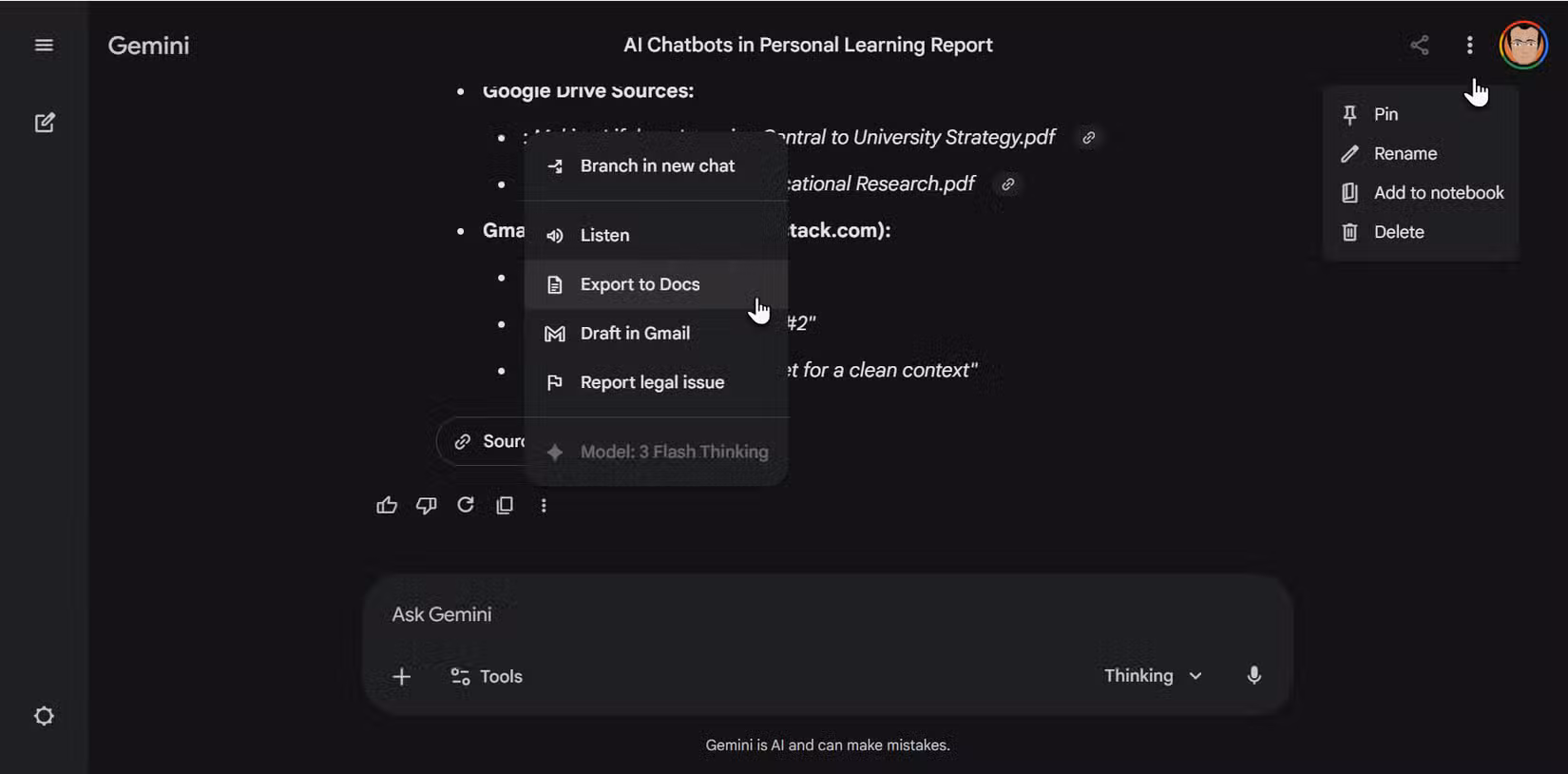 Export dropdown at the bottom of a Gemini response showing options to send the report to Google Docs, Canvas, or NotebookLM.