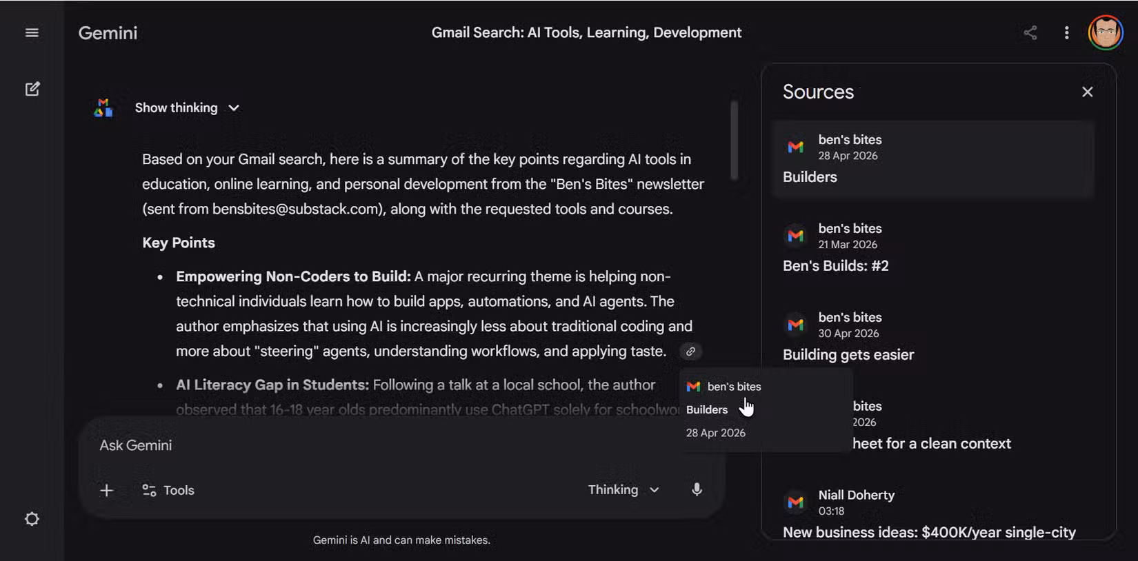 Gemini response window showing summarized email results pulled from Gmail with source labels.