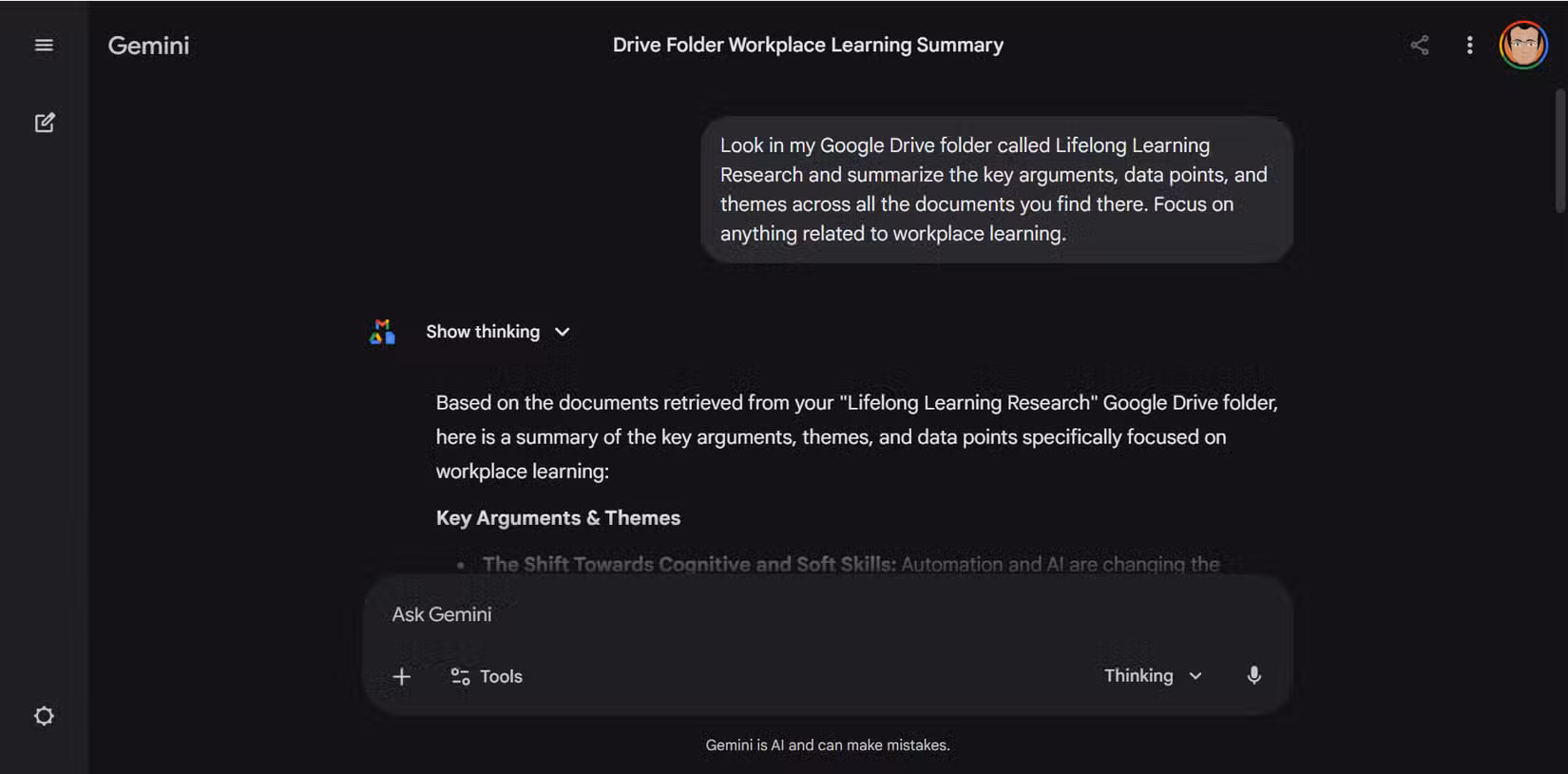Gemini chat showing a response that cites documents from a Google Drive folder called Lifelong Learning Research