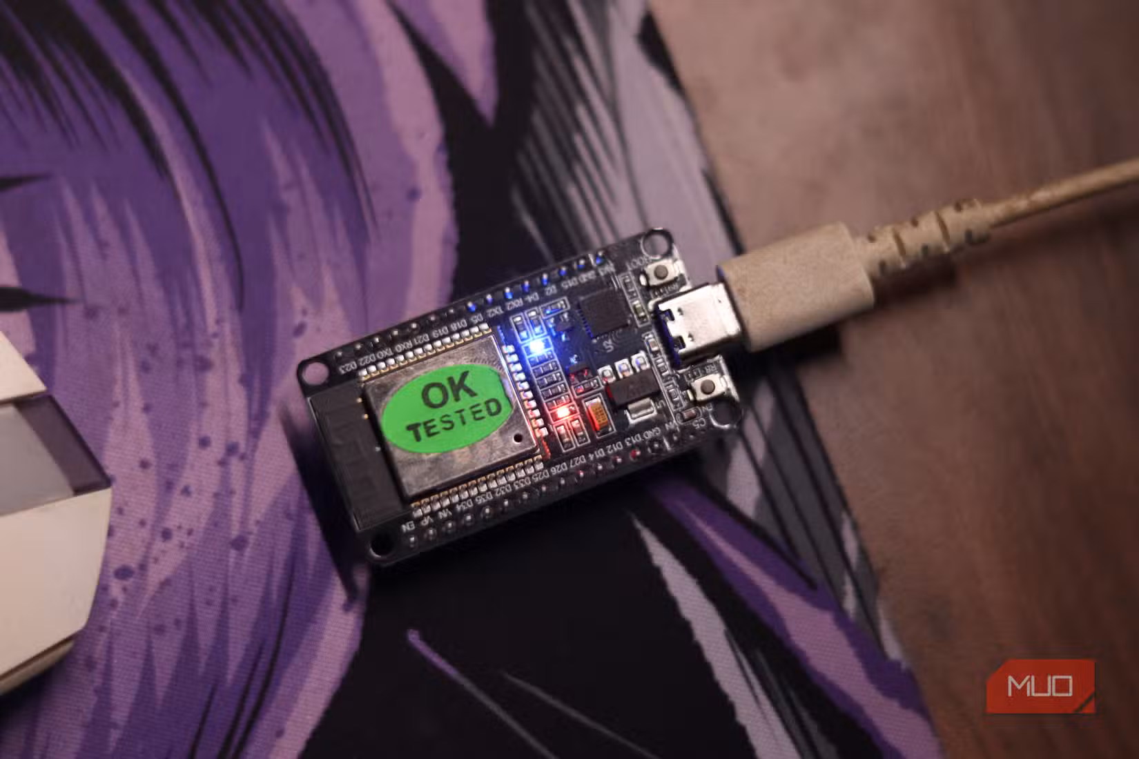 ESP32 top view with both LEDs on.