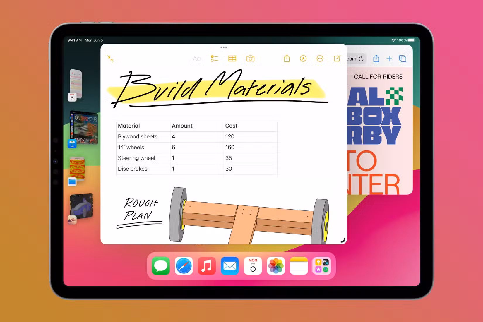 iPad with the Stage Manager multitasking feature, set against a colorful background.