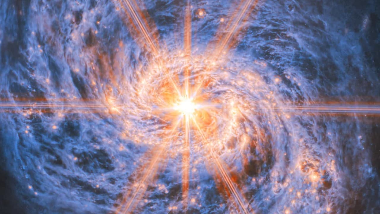 an eight-pointed star of bright red and white light on a purple swirl of gas
