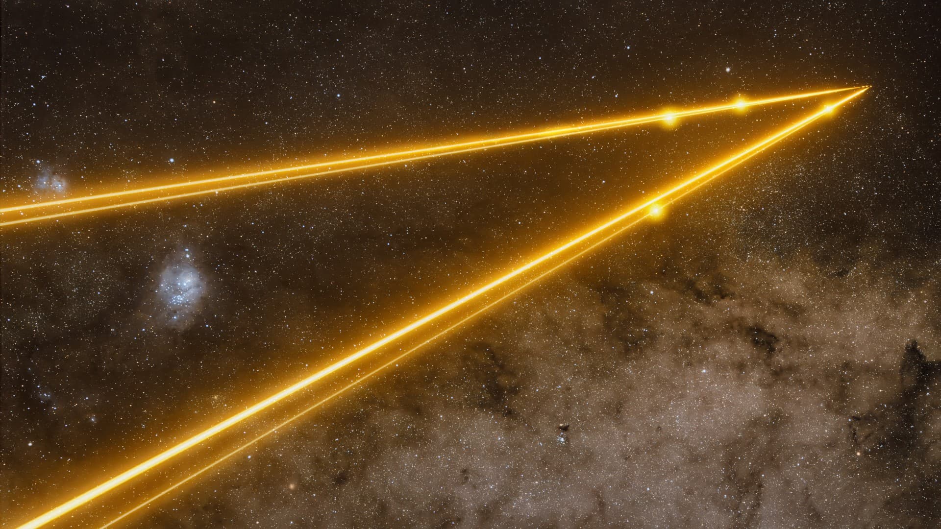 four bright yellow beams of light project from bottom left to top right on a starry background