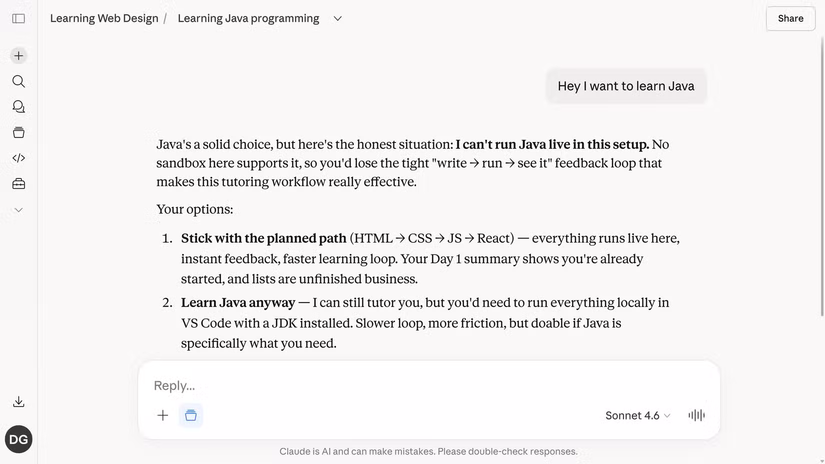Claude tutor explaining it cannot run Java live and offering to continue with the HTML path or switch to a local VS Code setup.
