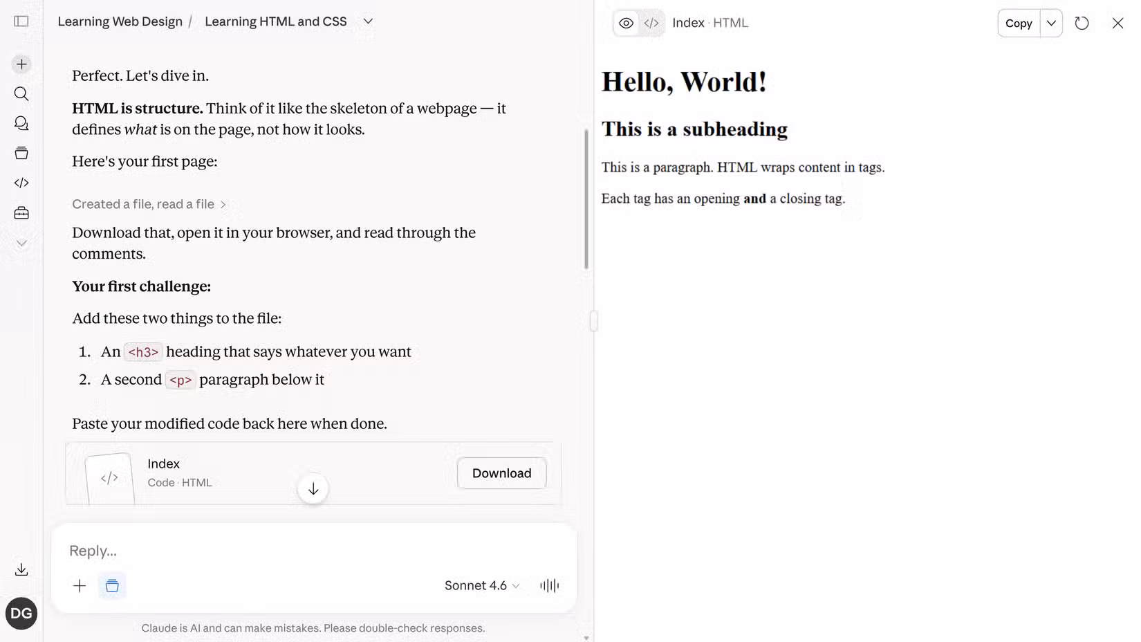 Claude tutor giving the first HTML exercise to add an h3 heading and paragraph with the Hello World artifact rendered live on the right.