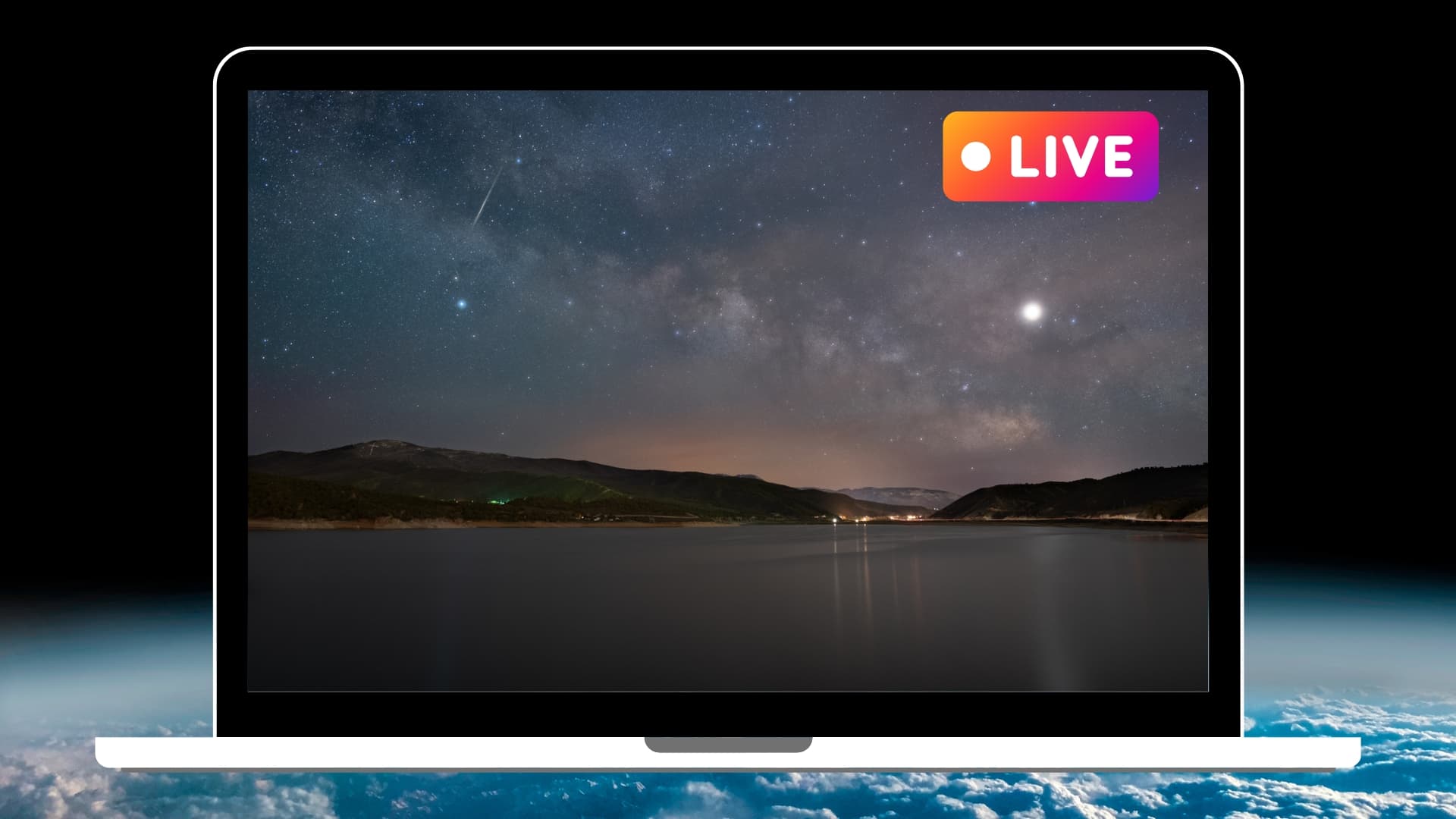 graphic showing a meteor in the sky and the milky way on a vector image of laptop screen in the top right corner is the text live.