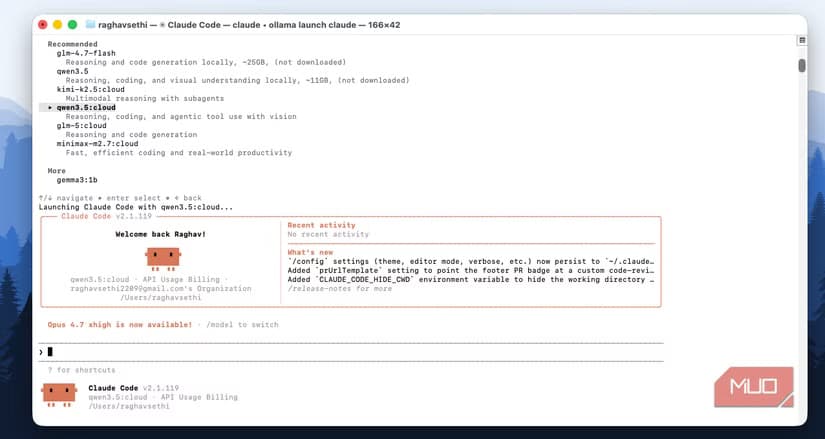 Claude Code running via Ollama