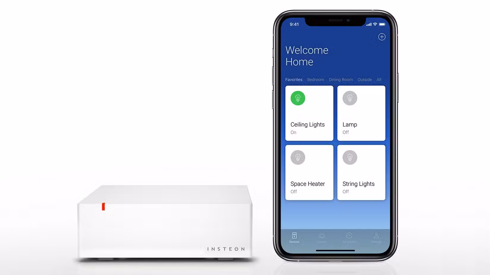 A smart phone and an Insteon smart home hub.