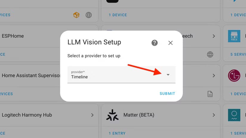 Provider dropdown for LLM Vision integration in Home Assistant.