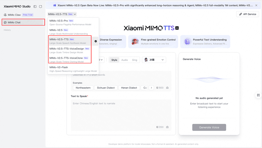 Screenshot of MiMo Studio with the model dropdown open, highlighting the MiMo Chat sidebar entry and three TTS variants.