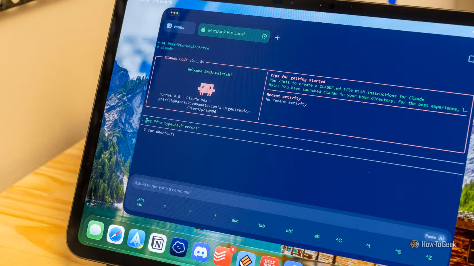 Close-up of the Claude Code welcome screen on an iPad connected to a Mac.