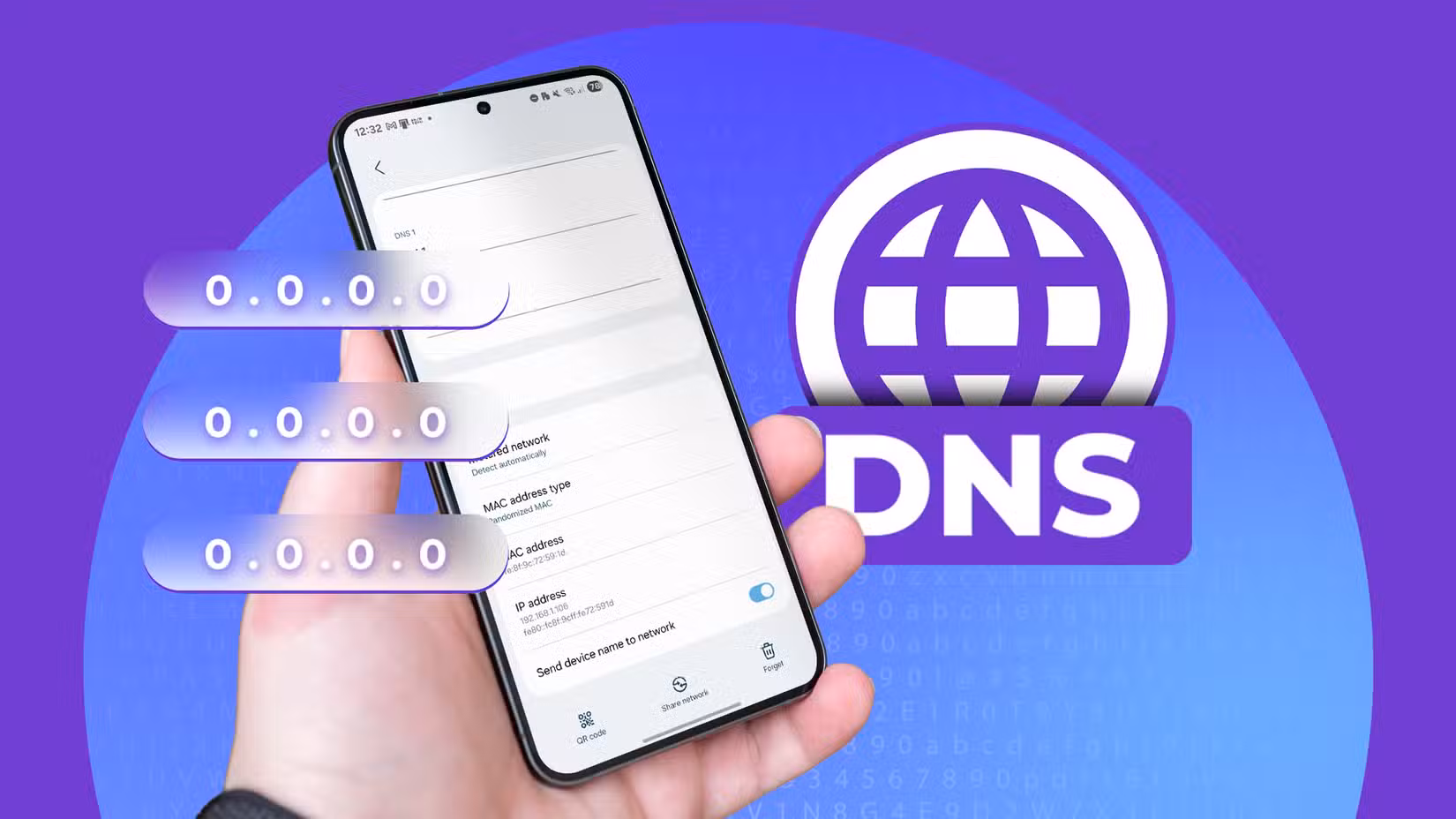 Hand holding a smartphone displaying network settings with a large DNS icon and floating IP address bubbles.
