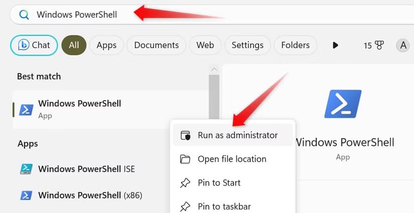 Running Windows PowerShell as administrator from Windows Search.