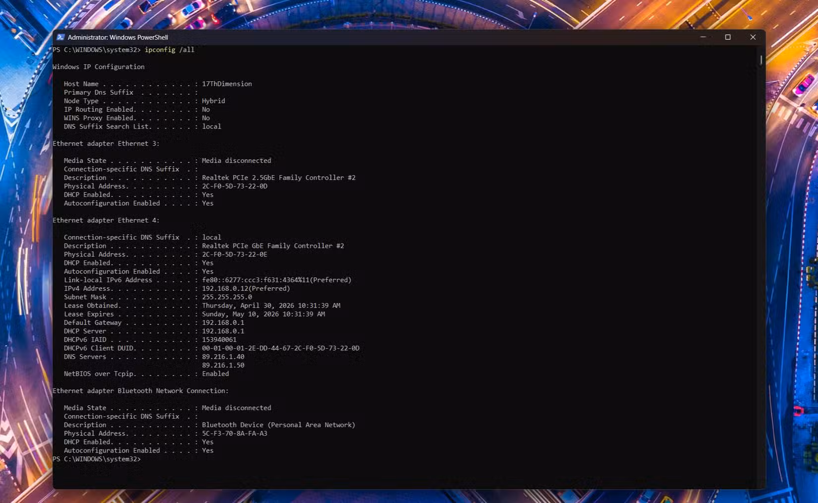 running the ipconfig command in Windows PowerShell.
