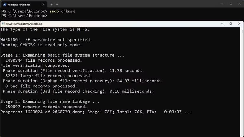 The chkdsk output in PowerShell.