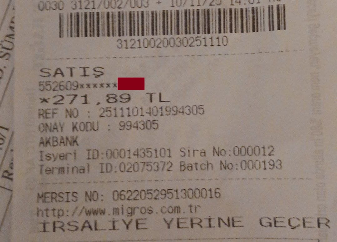 image showing a receipt that shows first 6 and last 4 digits of the credit card.