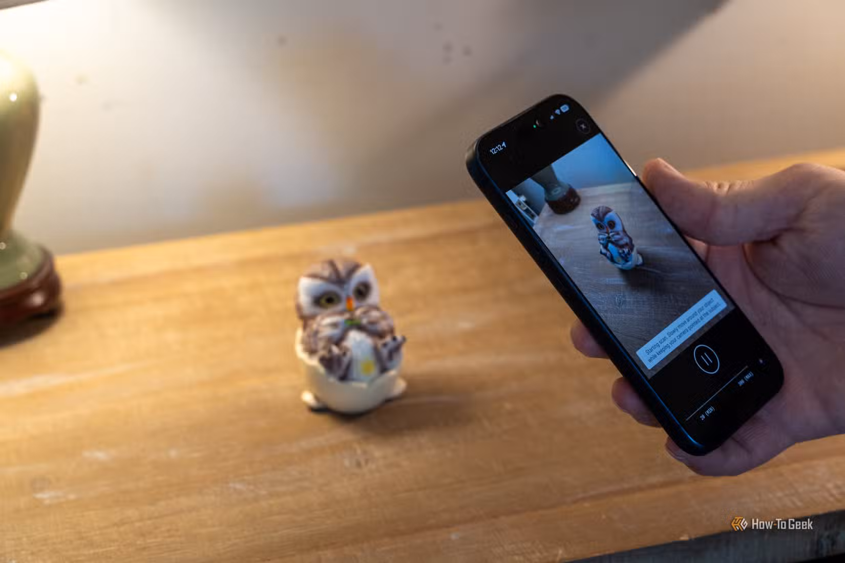 iPhone scanning a painted owl figurine for comparison with a dedicated 3D scanner.