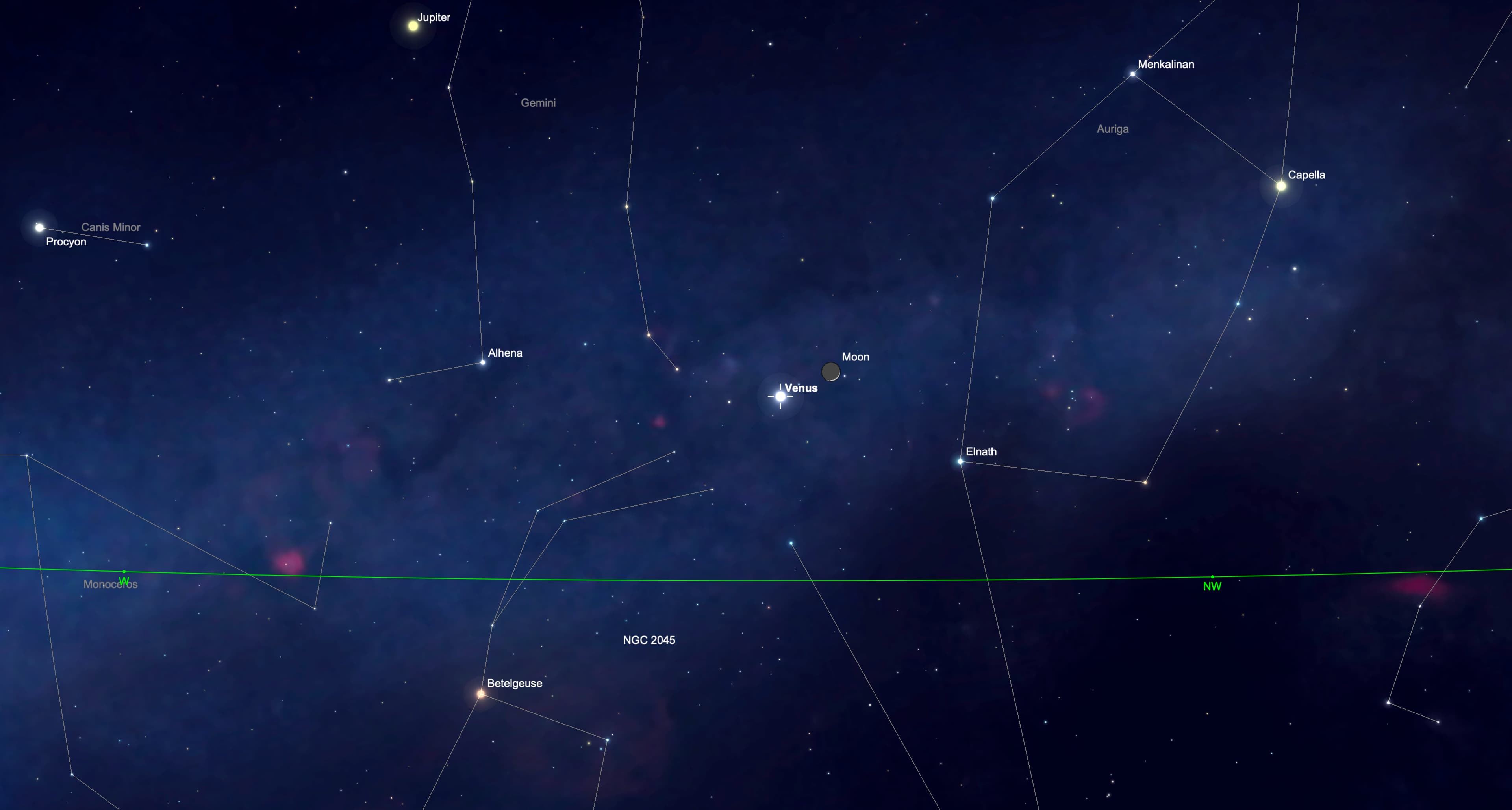 night sky map showing the moon shining close to Venus.