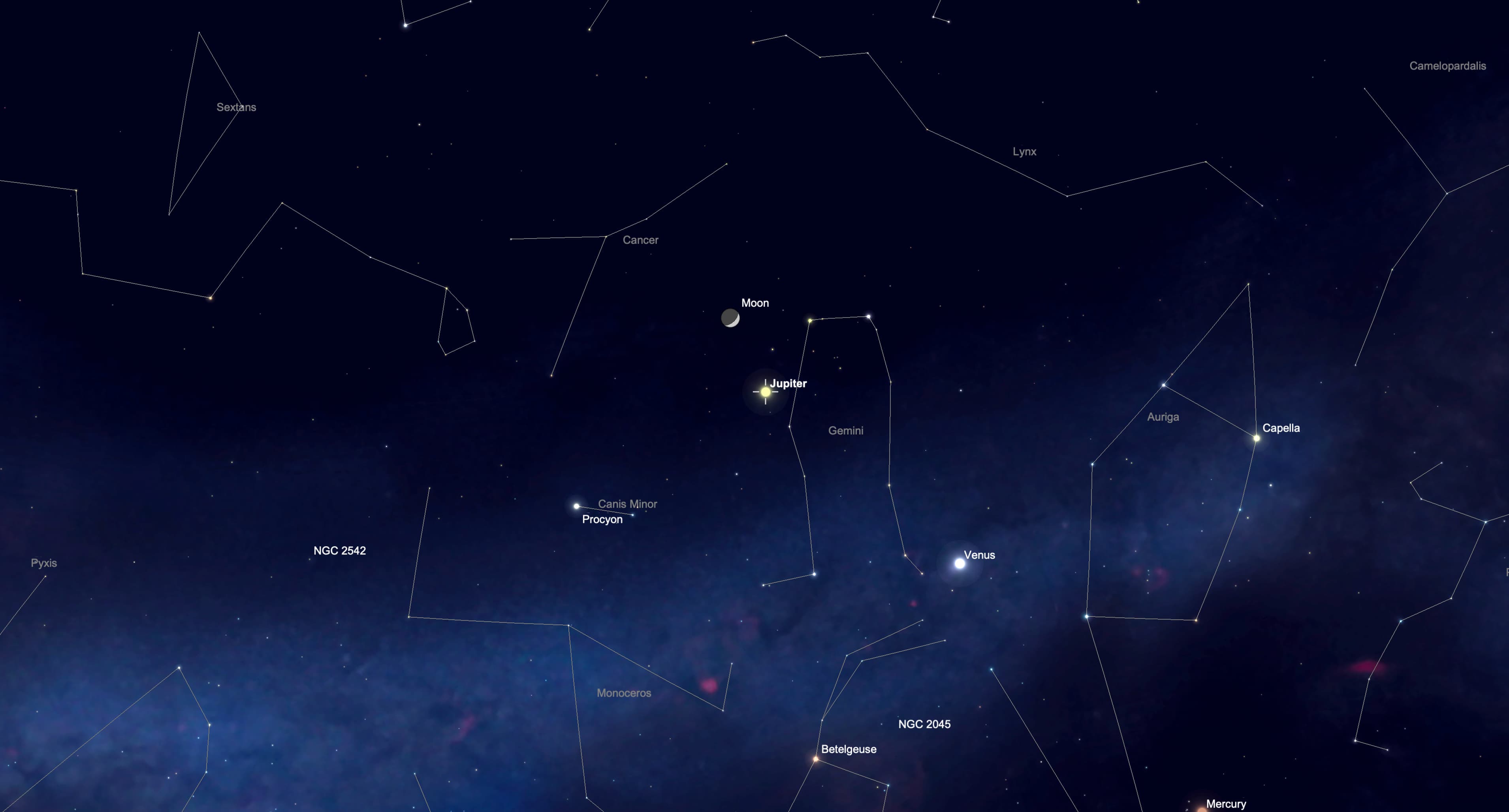 night sky map showing the moon shining close to Jupiter.