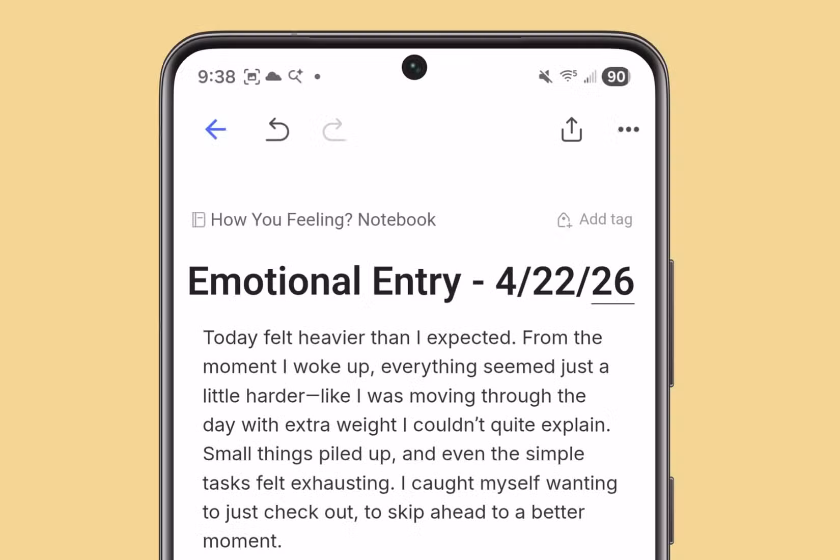 Journal entry about emotions in the Evernote app on a Samsung device.