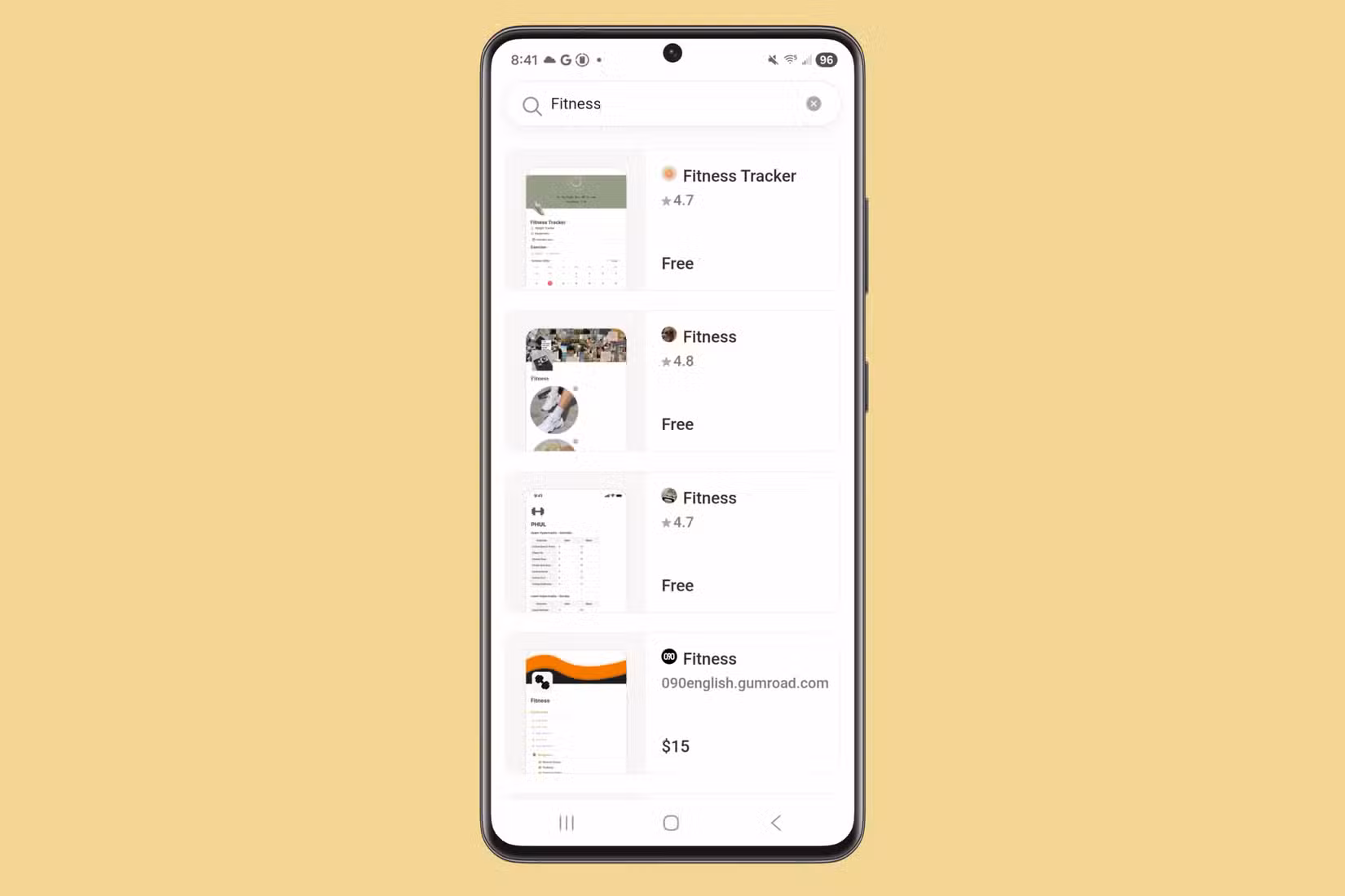Browsing templates in the Notion app on a Samsung device.