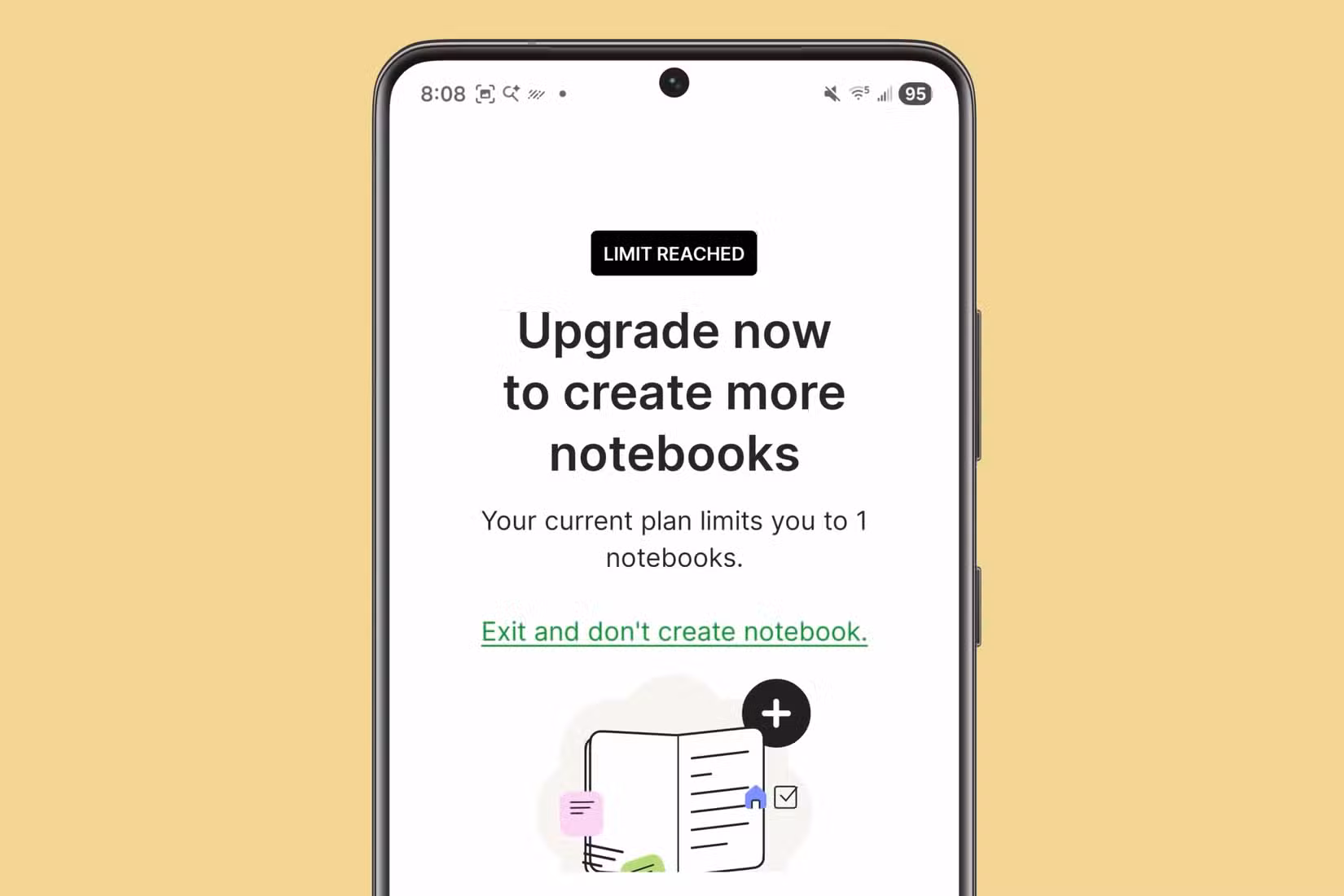 Upgrade message for the paid version of Evernote to get more notebooks on Evernote on a Samsung device.