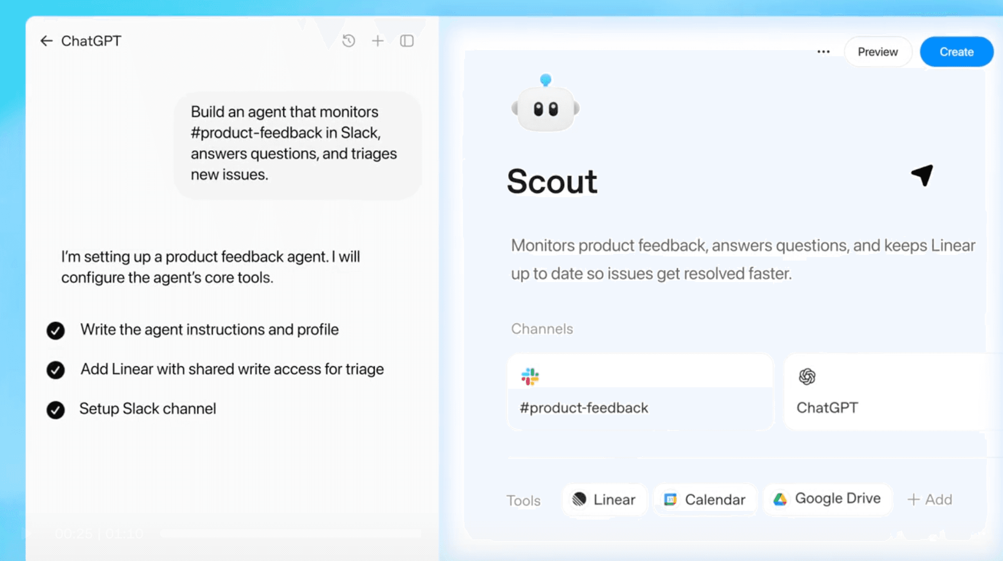 A ChatGPT workspace agent running a workflow that monitors product feedback, answers questions, and keeps Linear up to date