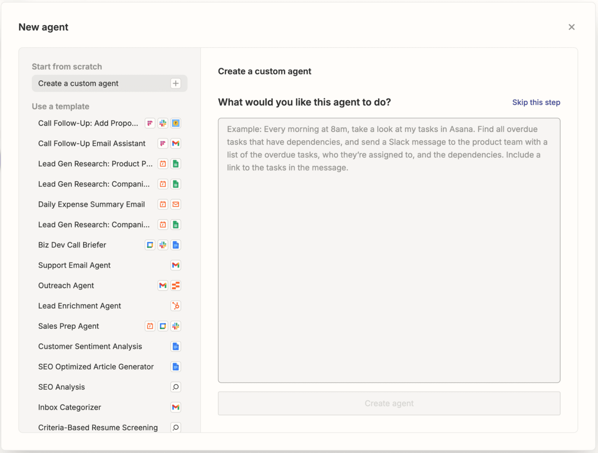 A screen with Zapier Agents templates and a text box to prompt Zapier Copilot to build a Zapier agent