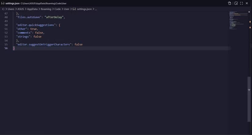 Turning on auto-save feature on VS Code through the settings.json file.