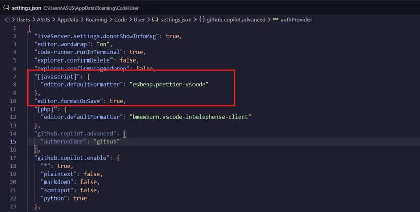 Turning on format on save feature on VS Code through the settings.json file.