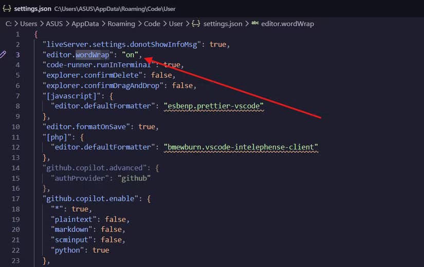 Turning on word wrap feature on VS Code through the settings.json file.