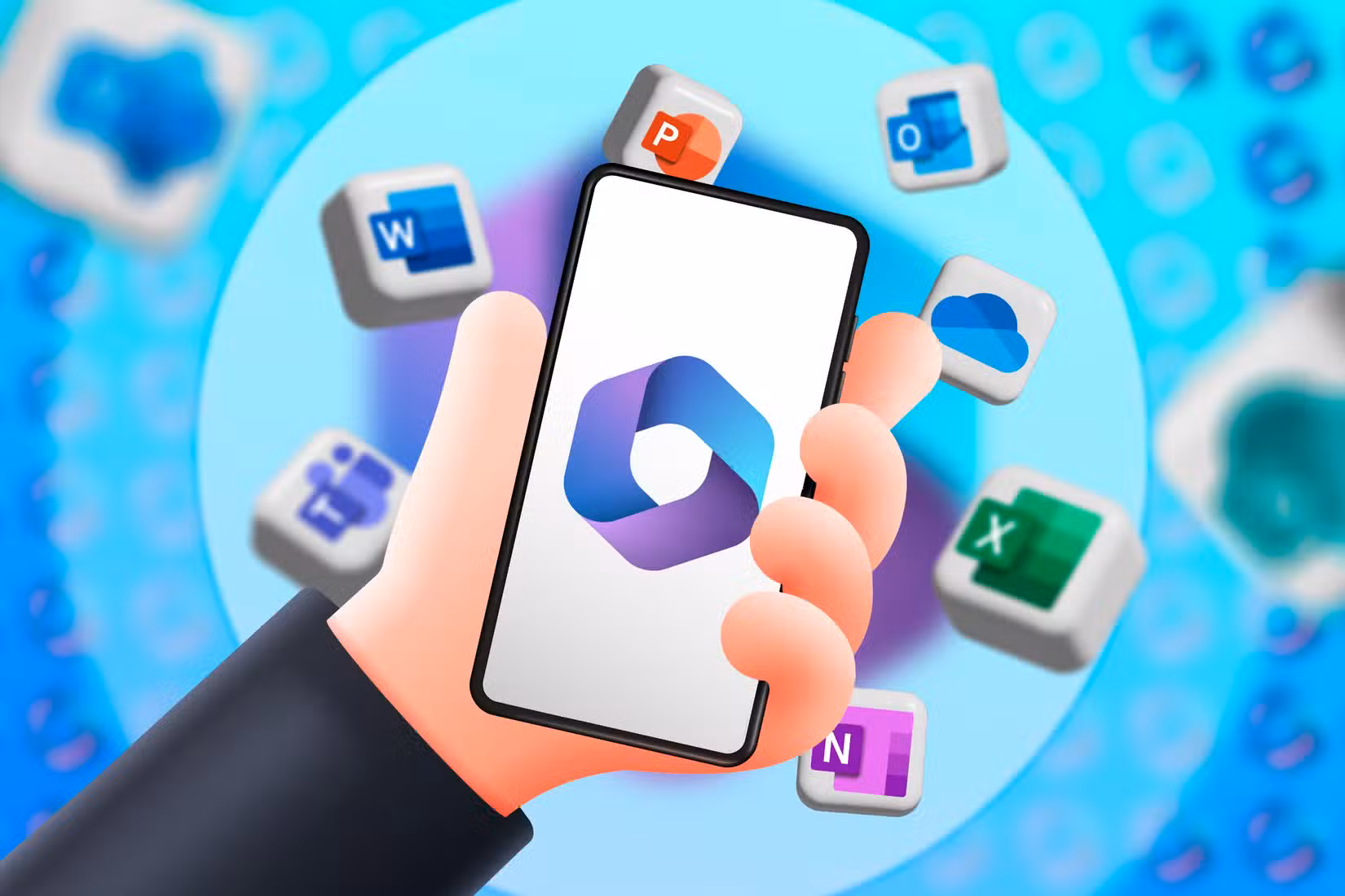 A hand holding a phone with the Microsoft 365 logo and the icons of Microsoft 365 apps around it.