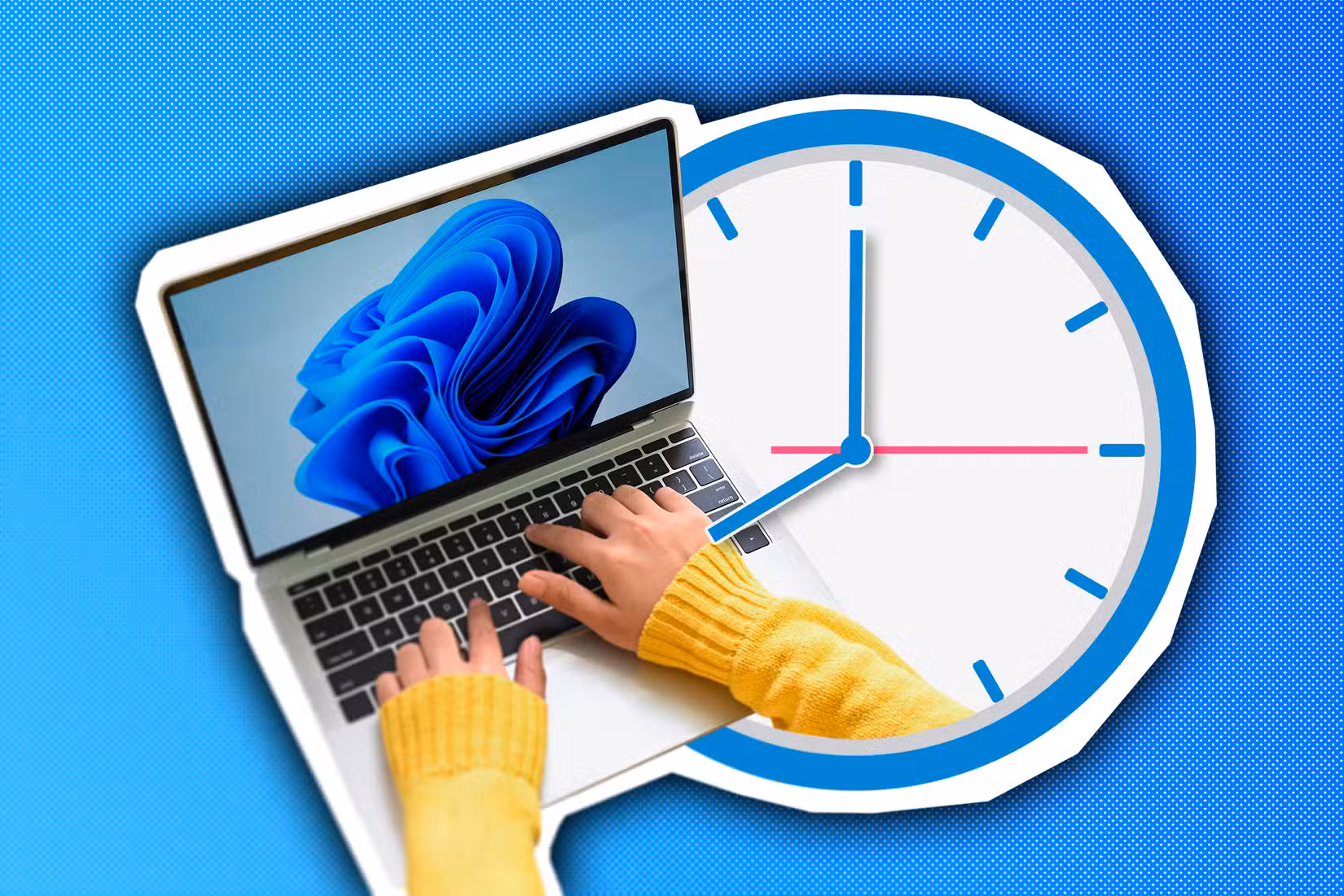 A person using a laptop with Windows 11 and a clock beside it.