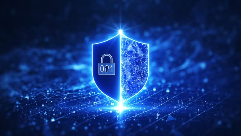 A blue, glowing shield with a padlock on it, representing tech and data security, encryption, and online privacy.
