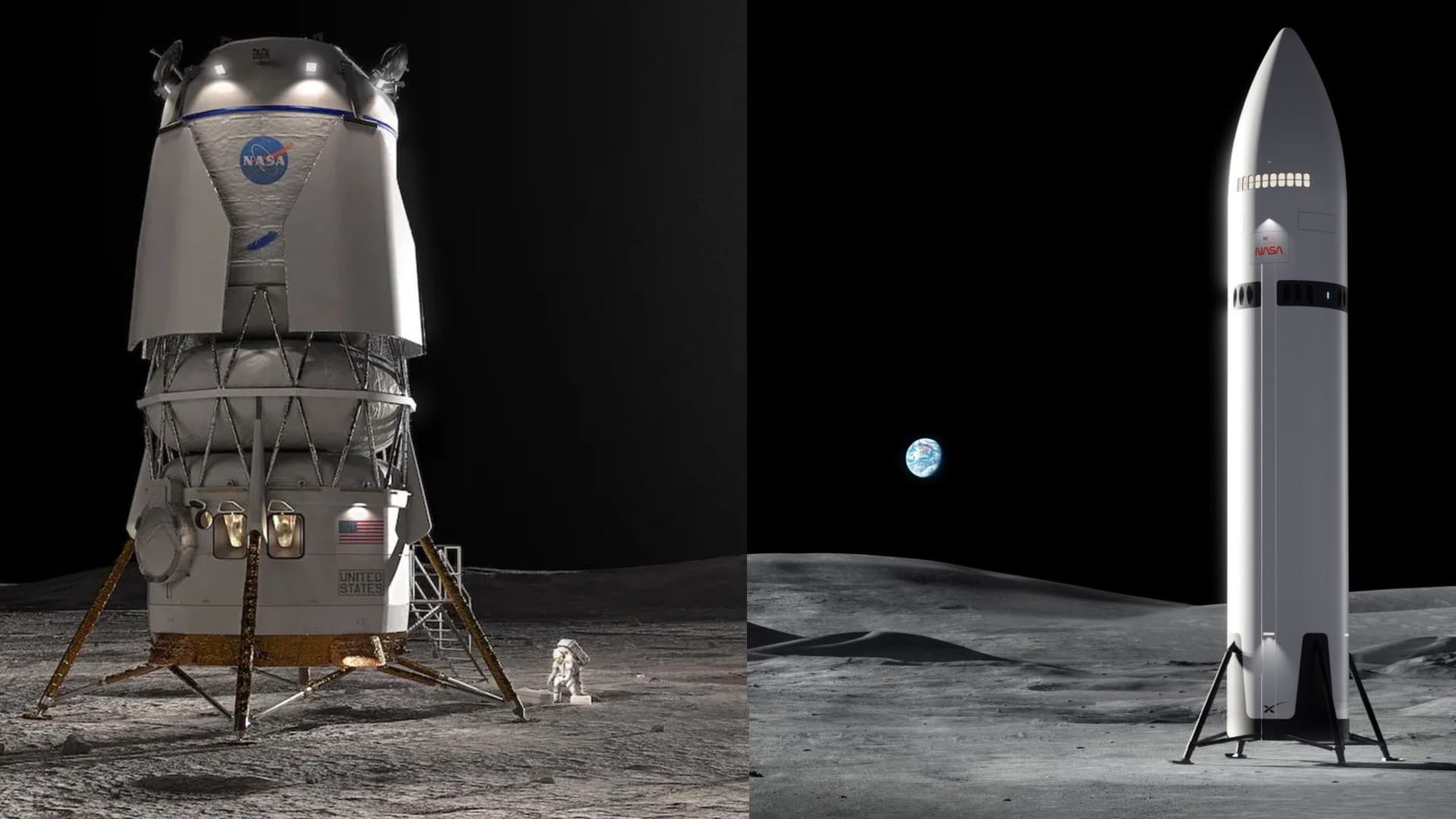 illustrations of two different cylinder-shaped spacecraft on the surface of the moon