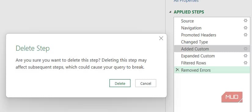 Deleting steps in Power Query
