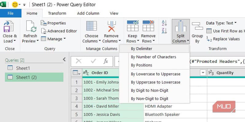 The menu option for splitting a column by delimiter in Power Query