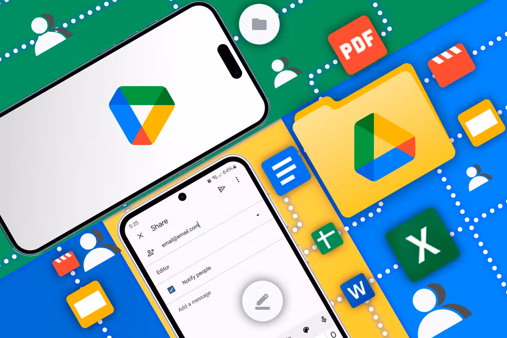 An iPhone with the Google Drive logo and an Android on the folder sharing screen, with the Drive logo next to it and several Google Workspace icons.