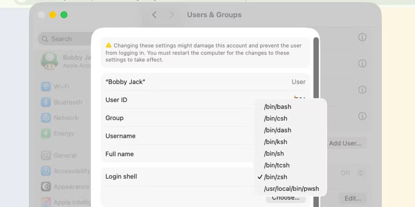 The macOS System Settings app showing user details with a Login shell menu showing /bin/bash, /bin/csh, and other options.