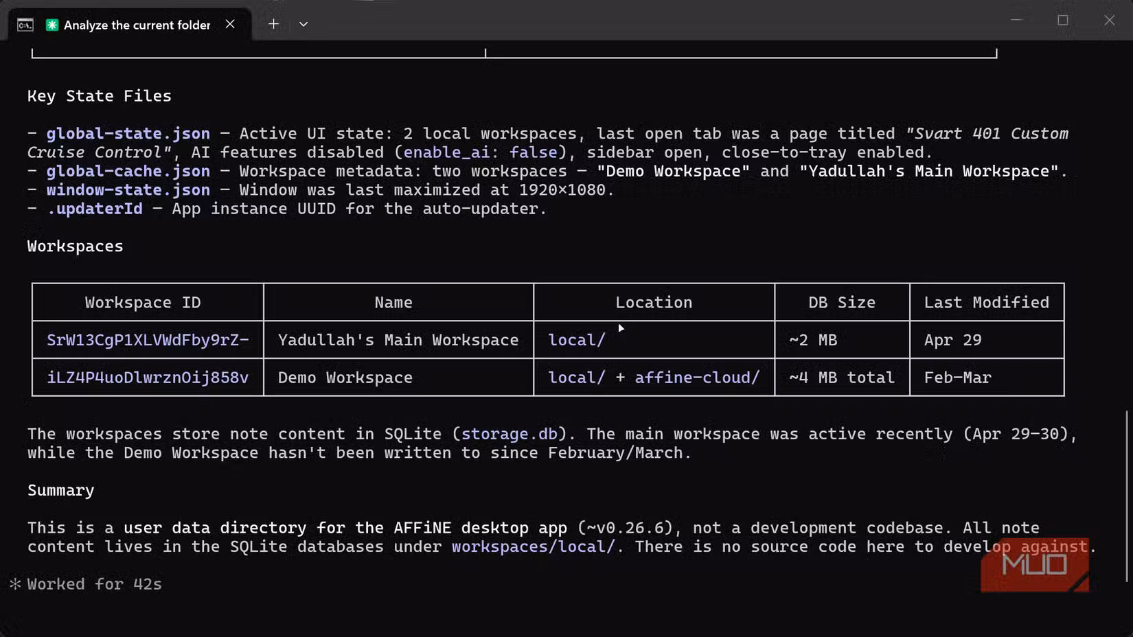 Claude Code showing AFFiNE workspaces.