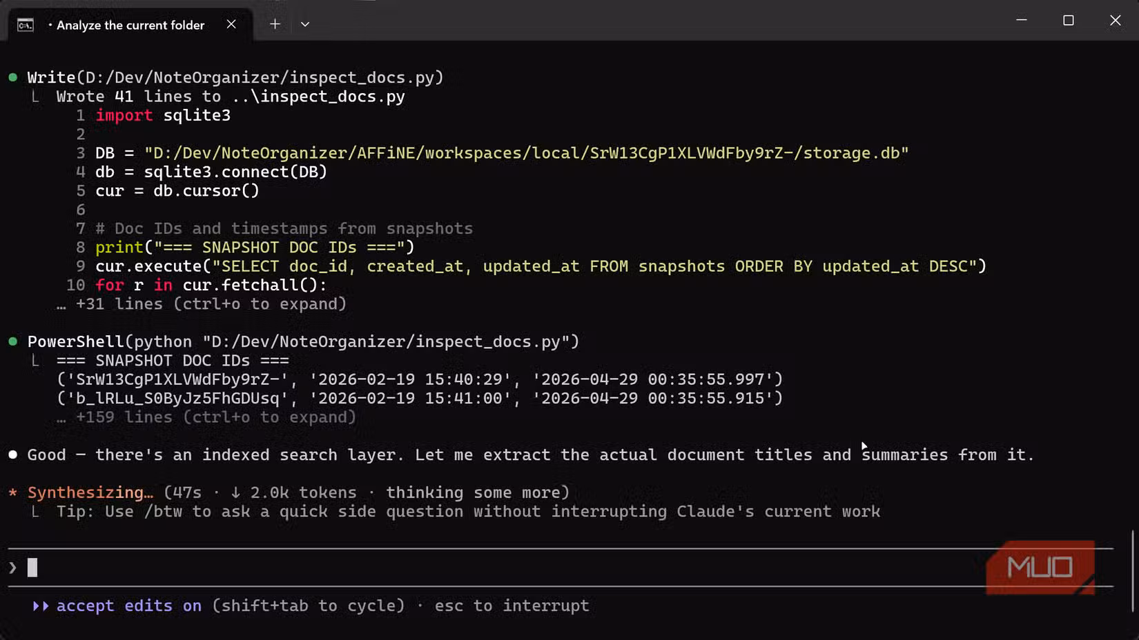 Claude Code analyzing AFFiNE notes for organization.